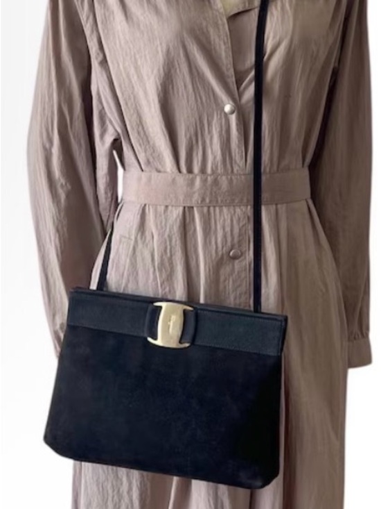Salvatore Ferragamo Handbags - Salvatore Ferragamo RARE VINTAGE Green Suede Bow Shoulder Bag with Gold Accent